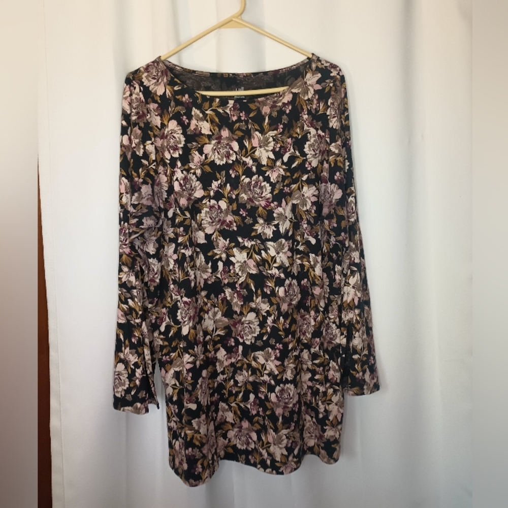 J Jill Luxe Supima Split Sleeve Tunic Top Large Dark Floral Boat Neck Boho